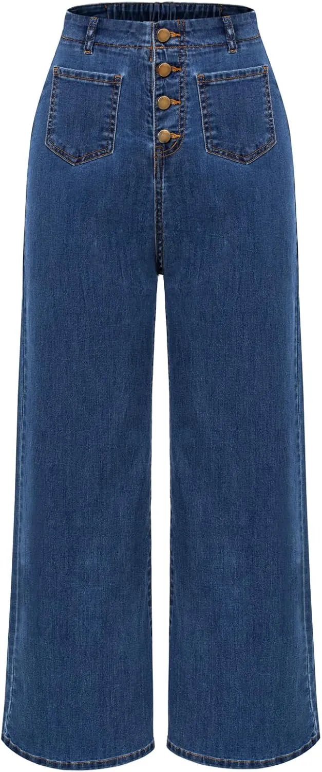 Belle Poque Women's Wide Leg Jeans High Waisted Stretchy Straight Leg Button Fly Denim Pants Trousers with Pockets