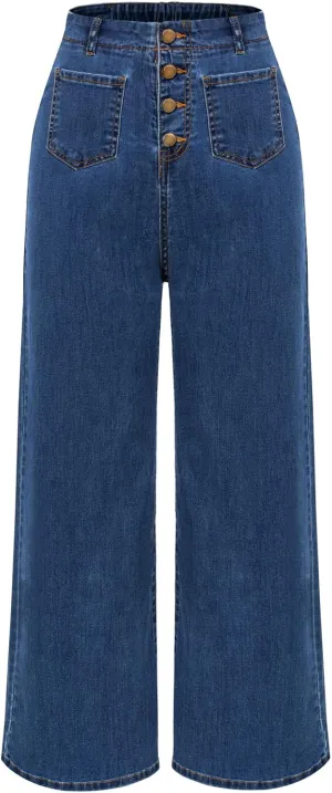 Belle Poque Women's Wide Leg Jeans High Waisted Stretchy Straight Leg Button Fly Denim Pants Trousers with Pockets