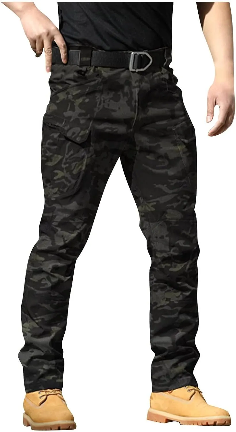 Cargo Pants for Men Multi Pocket Athletic Trousers Military Fan Elastic Waistband Work Lounge Overalls