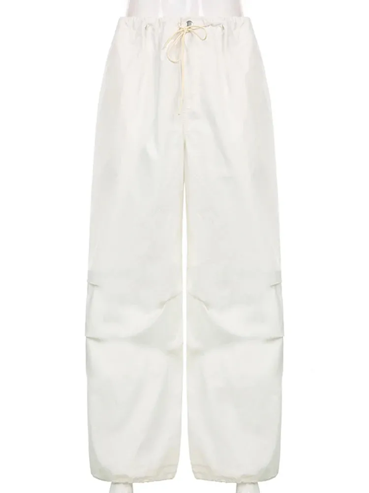 Casual Baggy Wide Leg Sweatpants White Loose Drawstring Low Waist Streetwear Cargo Pants Womens Hippie Joggers Trousers