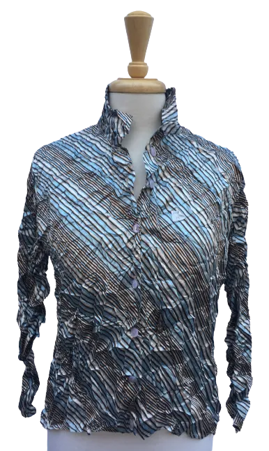 Crinkle 13 Long-sleeve, button-up crinkle top with diagonal stripes print.  Made in France.