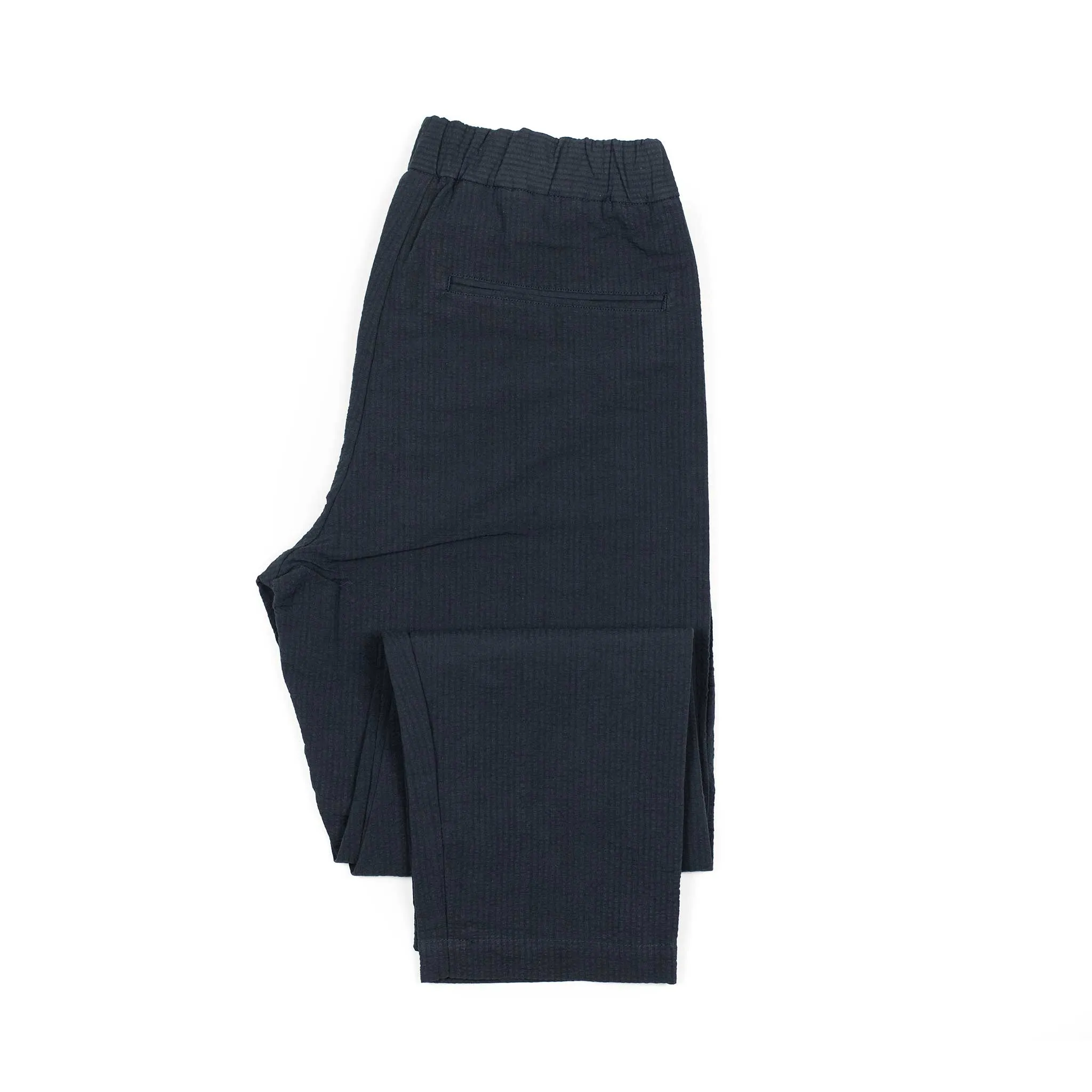 Easy pants in dark navy striped cotton linen seersucker