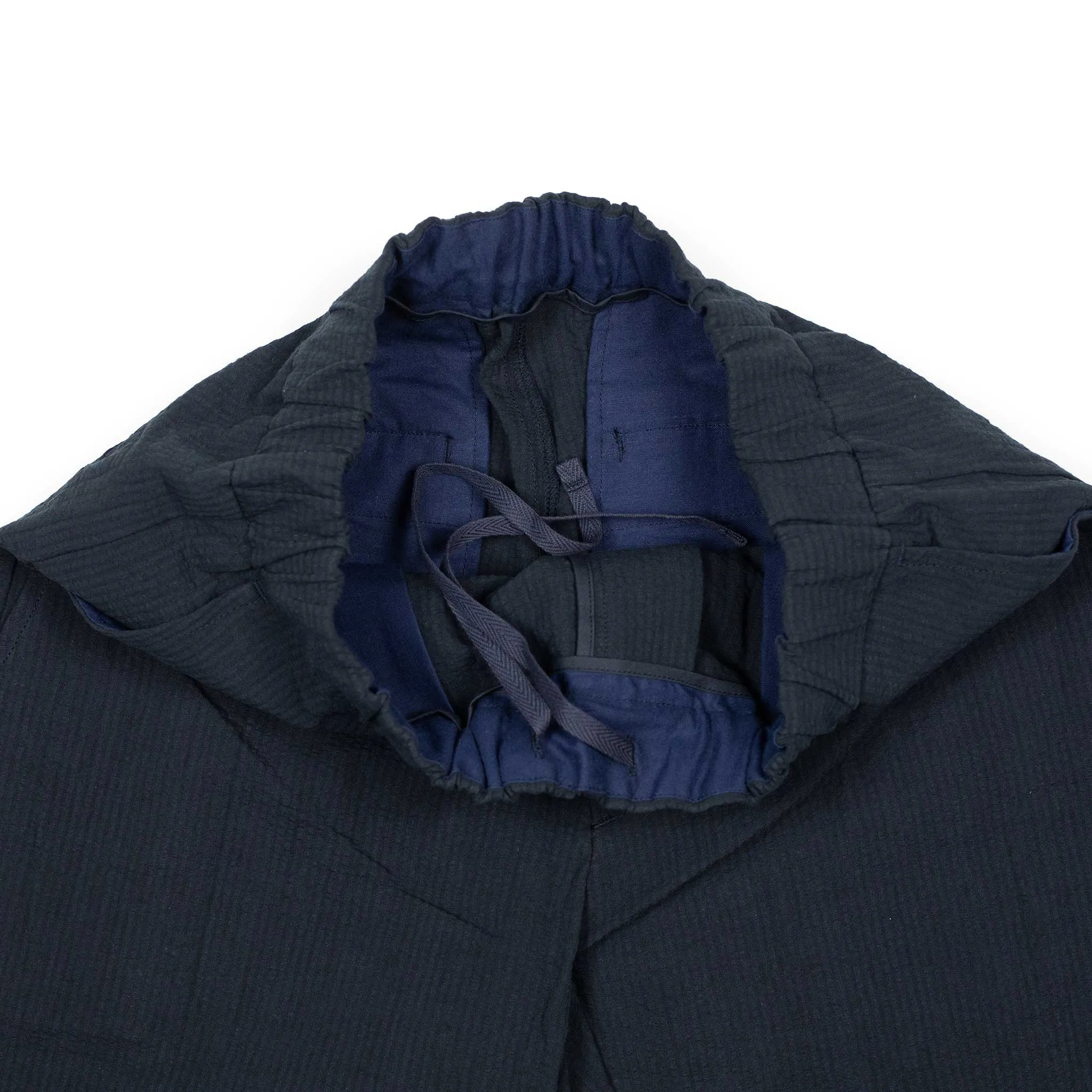 Easy pants in dark navy striped cotton linen seersucker