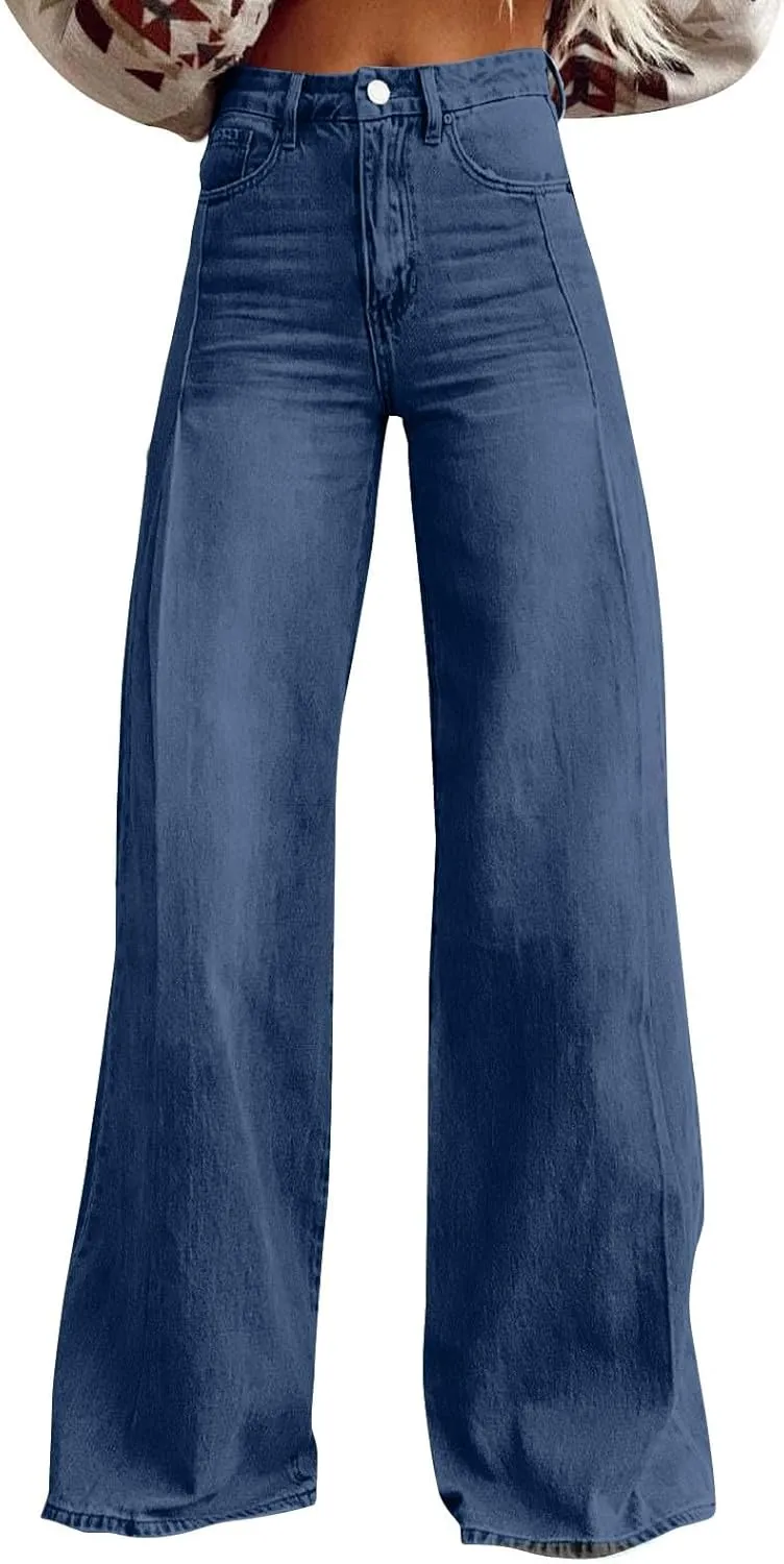 Flare Jeans for Women Vintage Wide Leg Boyfriend Baggy Stretchy High Waisted Denim Pants with Pockets