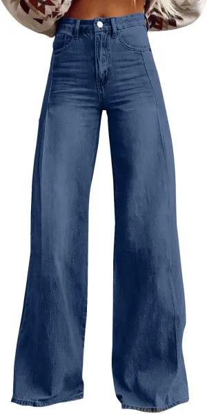Flare Jeans for Women Vintage Wide Leg Boyfriend Baggy Stretchy High Waisted Denim Pants with Pockets