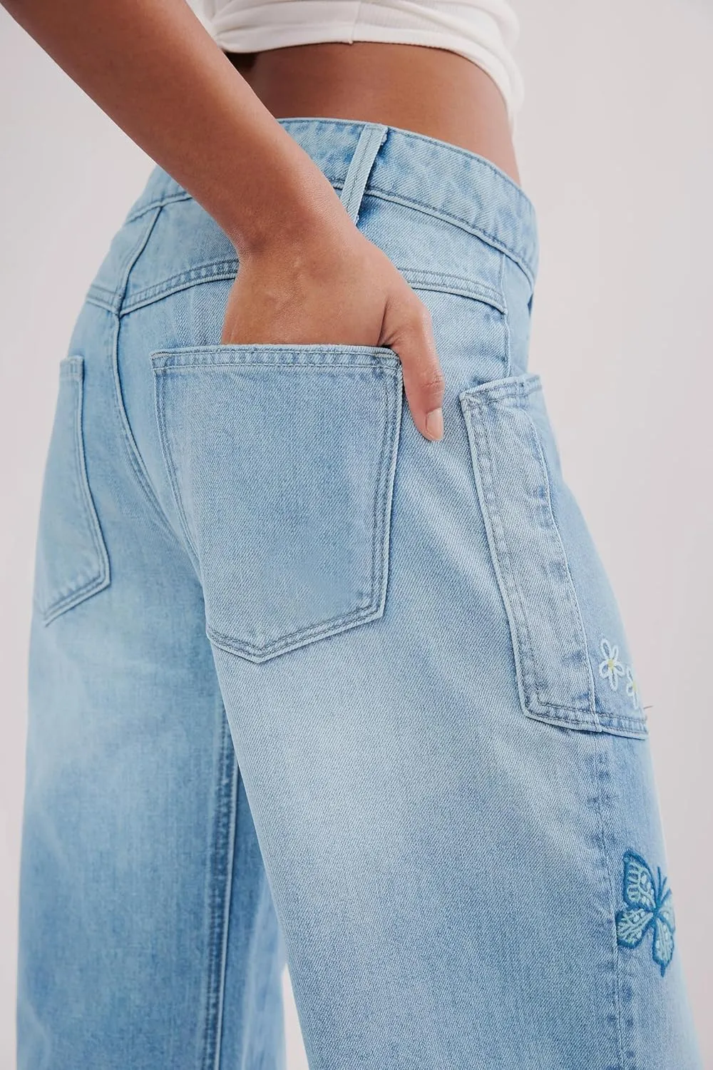 LifeShe Women's Embroidered Barrel Jeans Low Rise Wide Leg Denim Pants Stretchy Baggy Boyfriend Trousers
