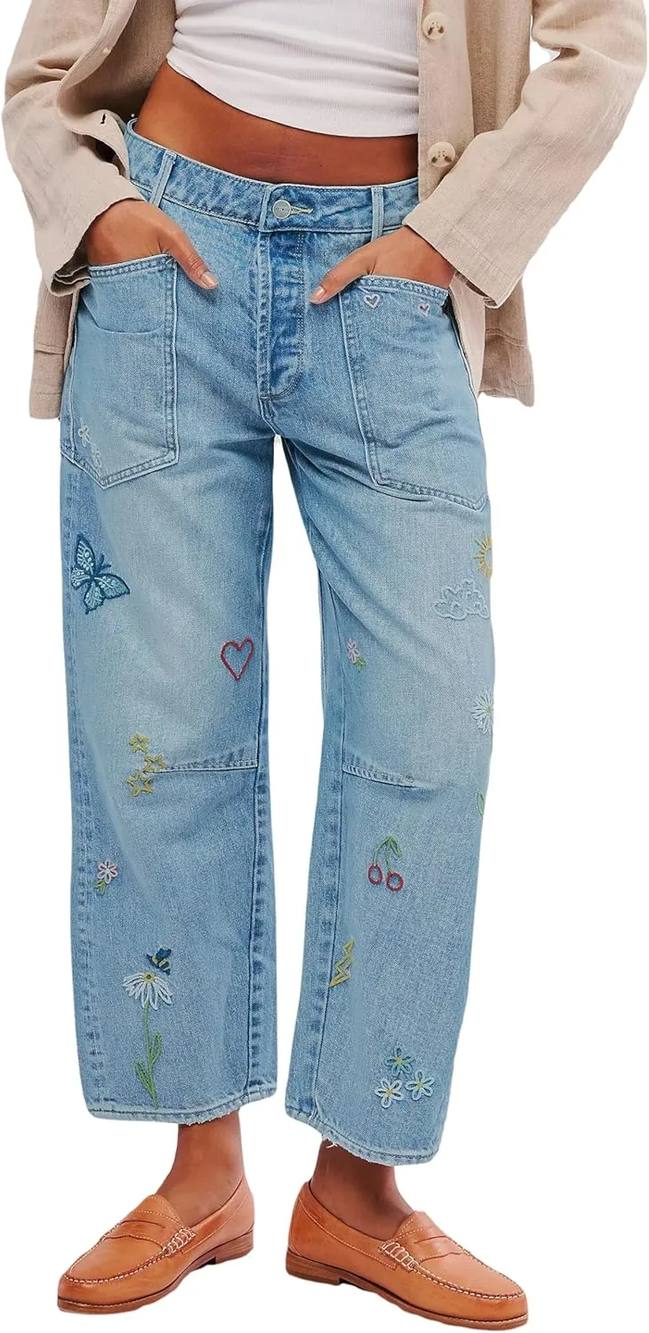 LifeShe Women's Embroidered Barrel Jeans Low Rise Wide Leg Denim Pants Stretchy Baggy Boyfriend Trousers