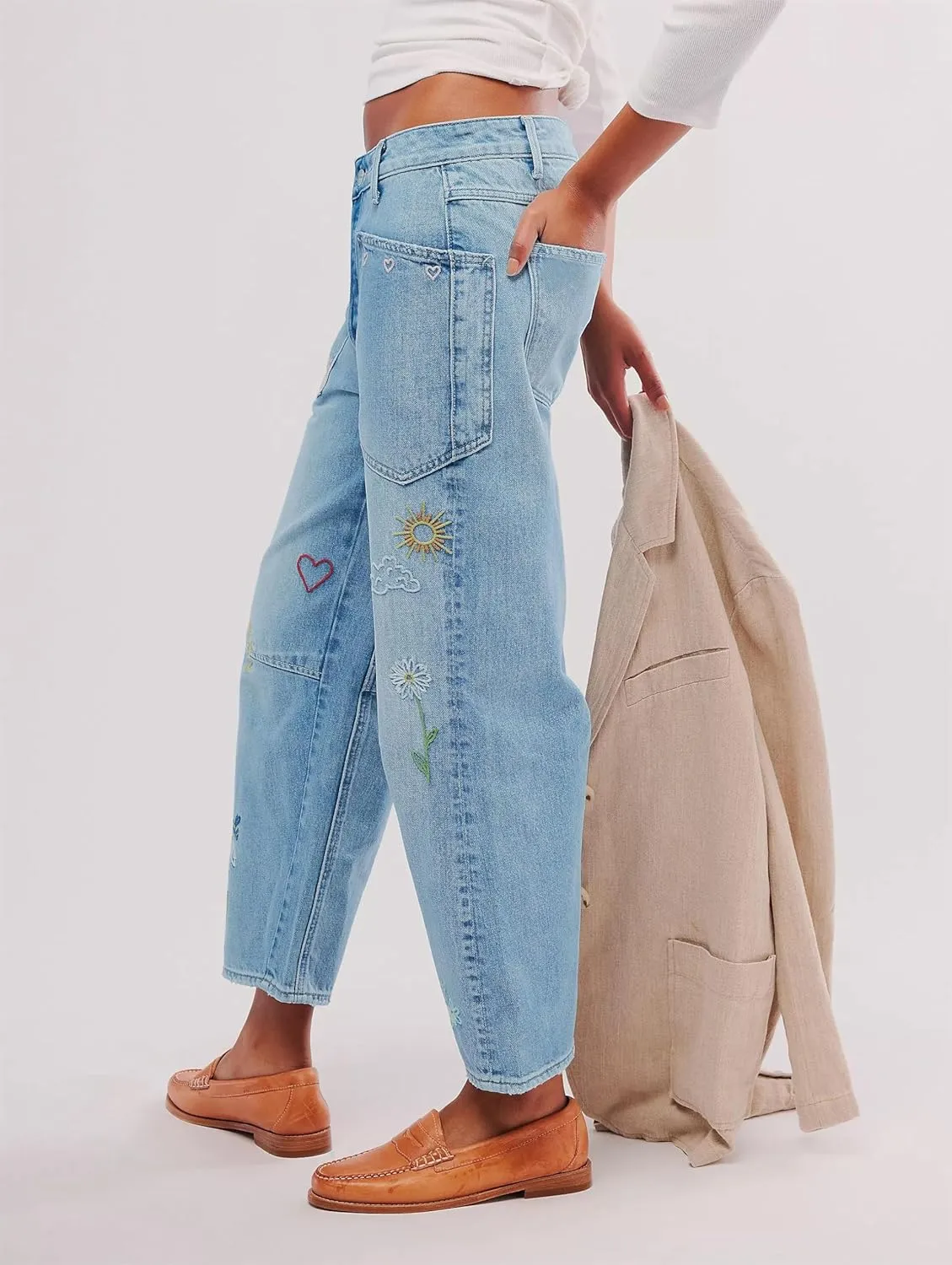 LifeShe Women's Embroidered Barrel Jeans Low Rise Wide Leg Denim Pants Stretchy Baggy Boyfriend Trousers