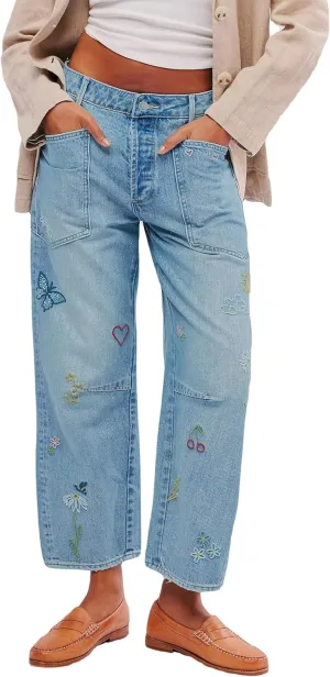 LifeShe Women's Embroidered Barrel Jeans Low Rise Wide Leg Denim Pants Stretchy Baggy Boyfriend Trousers