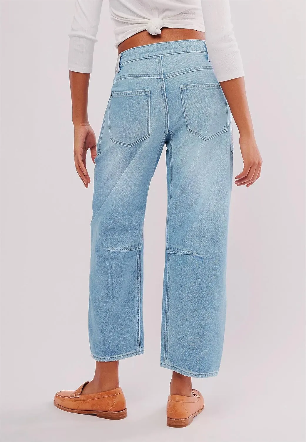 LifeShe Women's Embroidered Barrel Jeans Low Rise Wide Leg Denim Pants Stretchy Baggy Boyfriend Trousers