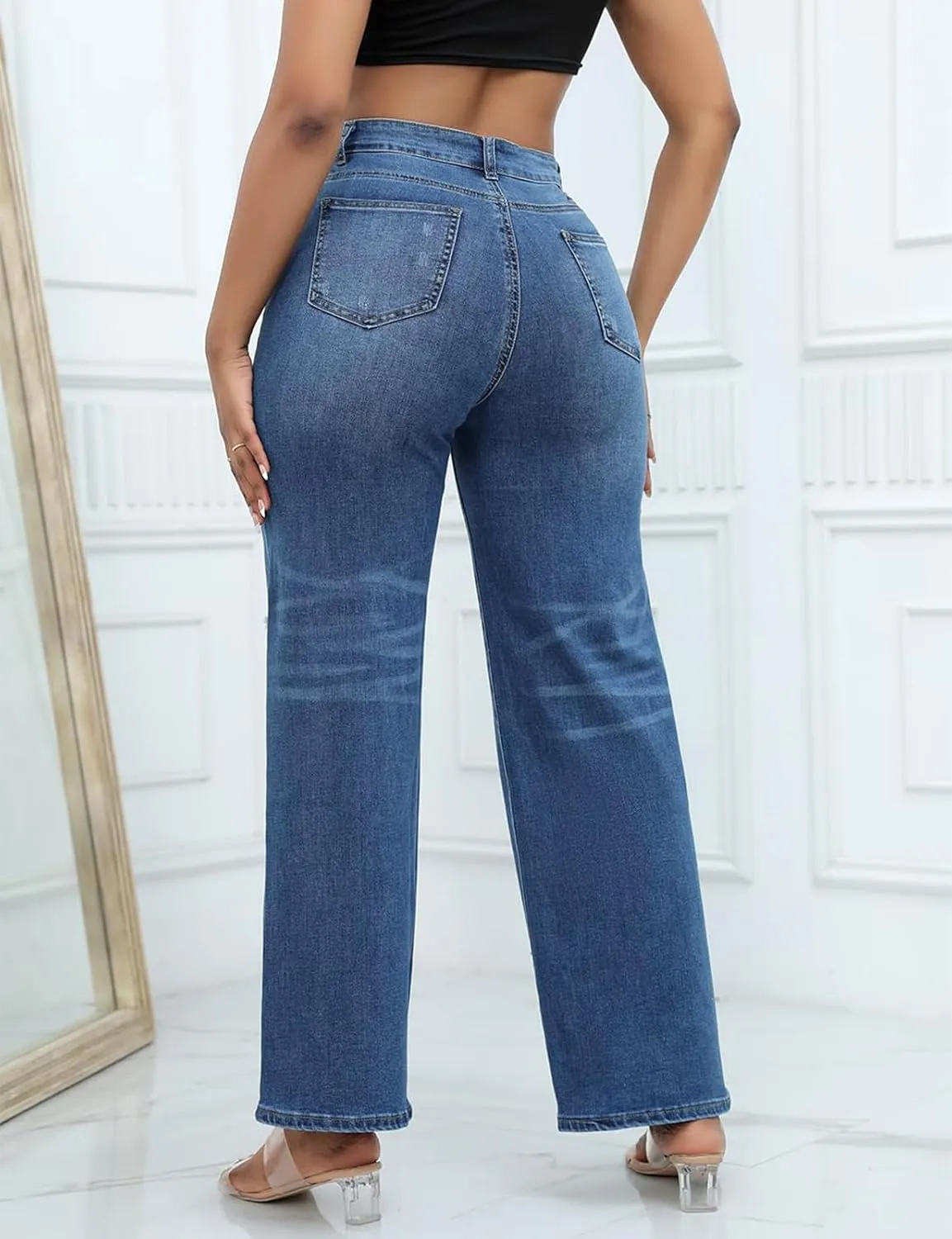 LONGBIDA Ripped High Waist Loose Wide Straight Leg Jeans for Women Stretchy Distressed Denim Pants with Pockets