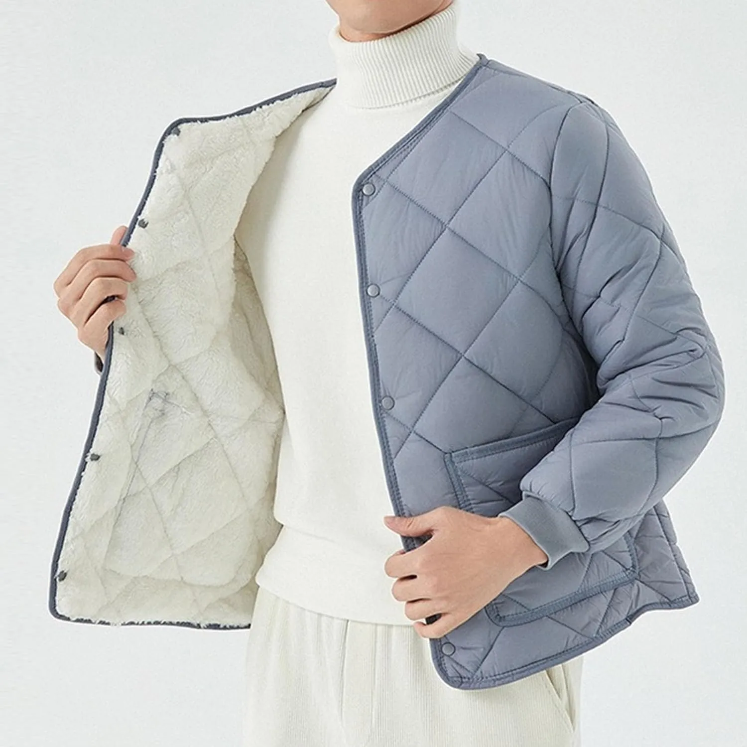 Men's Fleece Lined Quilted Jacket Long Sleeve Buttons Warm Padded Coats Windproof Winter Down Outwear with Pockets