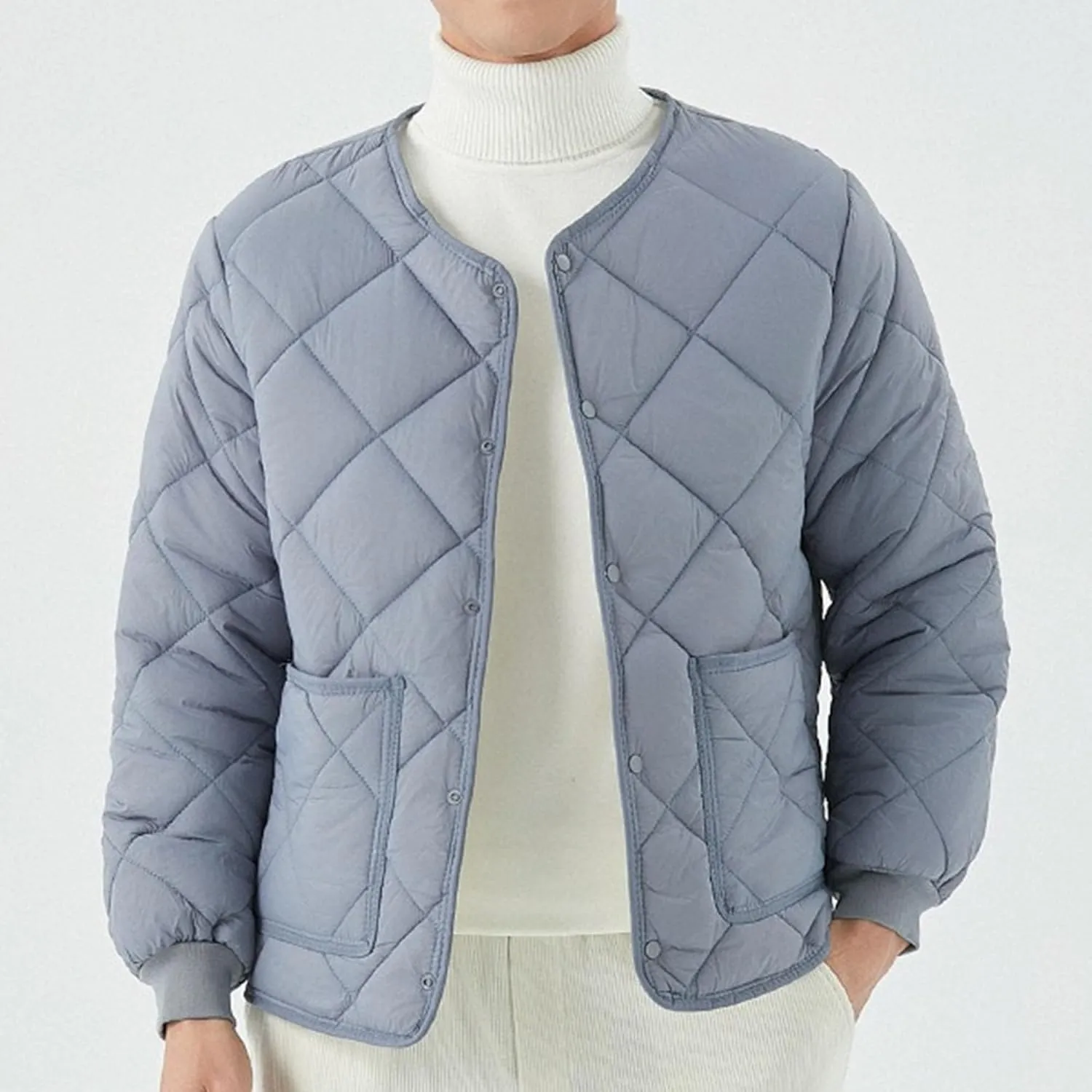 Men's Fleece Lined Quilted Jacket Long Sleeve Buttons Warm Padded Coats Windproof Winter Down Outwear with Pockets