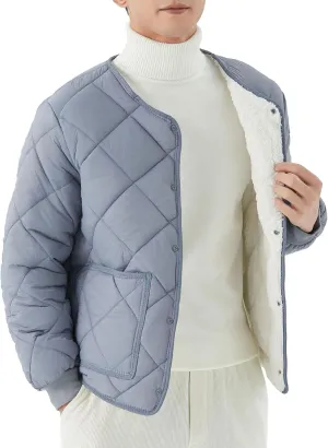 Men's Fleece Lined Quilted Jacket Long Sleeve Buttons Warm Padded Coats Windproof Winter Down Outwear with Pockets