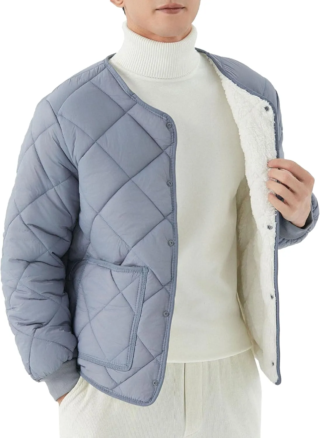 Men's Fleece Lined Quilted Jacket Long Sleeve Buttons Warm Padded Coats Windproof Winter Down Outwear with Pockets