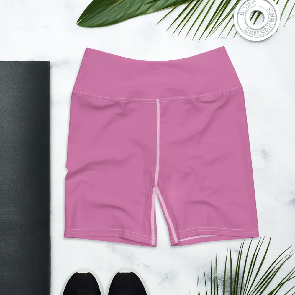 Pink Solid Color Yoga Shorts, Best Pastel Cute Women's Short Gym Tights-Made in USA/EU/MX
