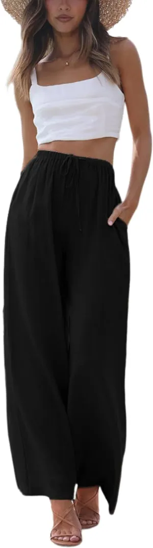 SCUSTY Women's Summer Cotton Linen Wide Leg Pants Drawstring High Waist Palazzo Flowy Beach Trousers with Pockets