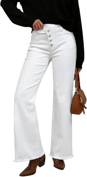 Sidefeel Women's Wide Leg Jeans High Waisted Stretchy Baggy Raw Hem Crossover Button Denim Pants