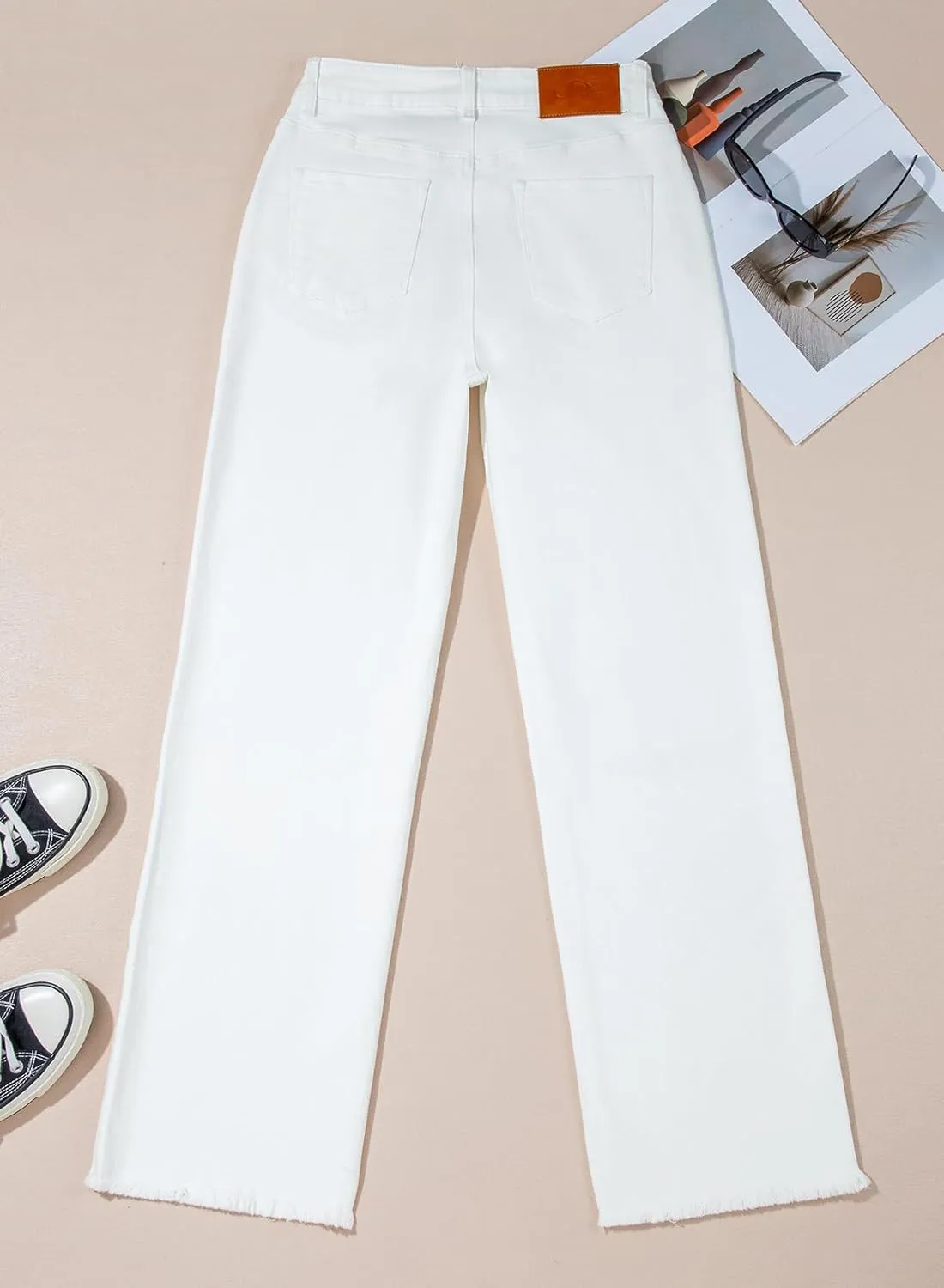 Sidefeel Women's Wide Leg Jeans High Waisted Stretchy Baggy Raw Hem Crossover Button Denim Pants