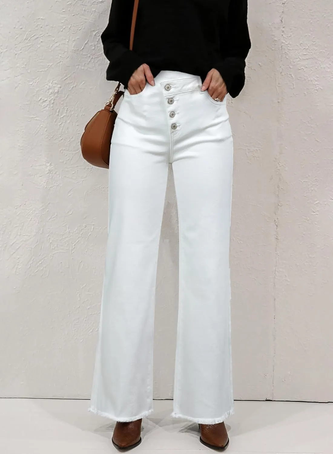 Sidefeel Women's Wide Leg Jeans High Waisted Stretchy Baggy Raw Hem Crossover Button Denim Pants