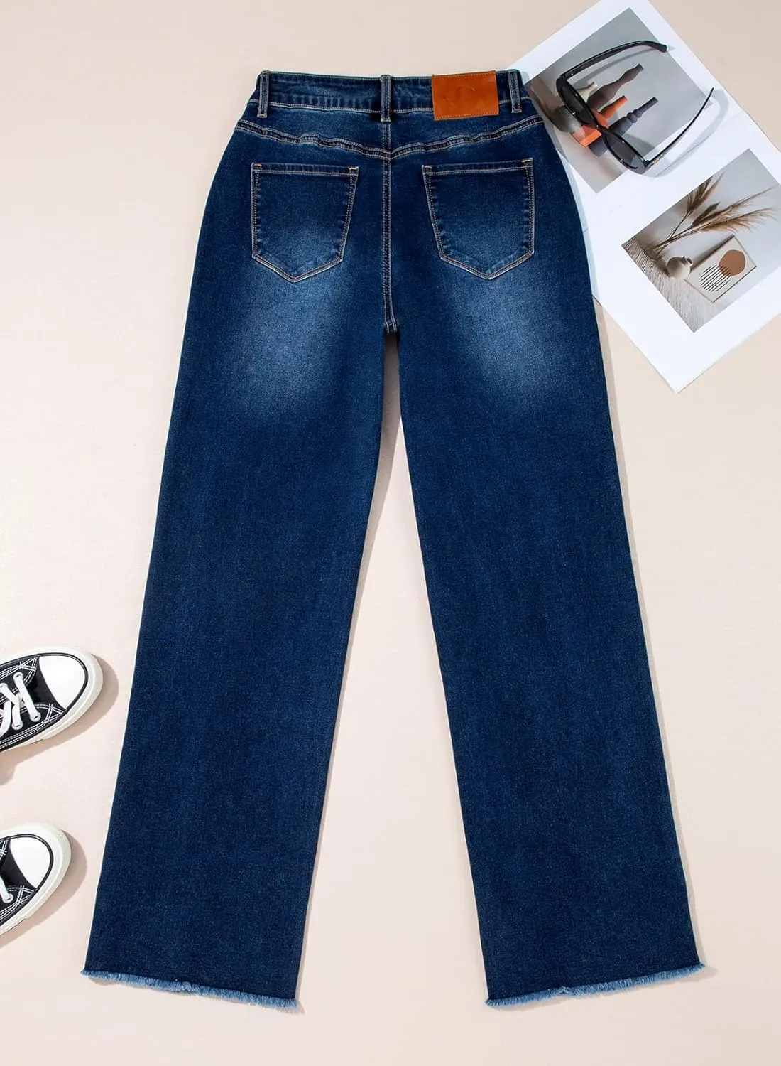 Sidefeel Women's Wide Leg Jeans High Waisted Stretchy Baggy Raw Hem Crossover Button Denim Pants