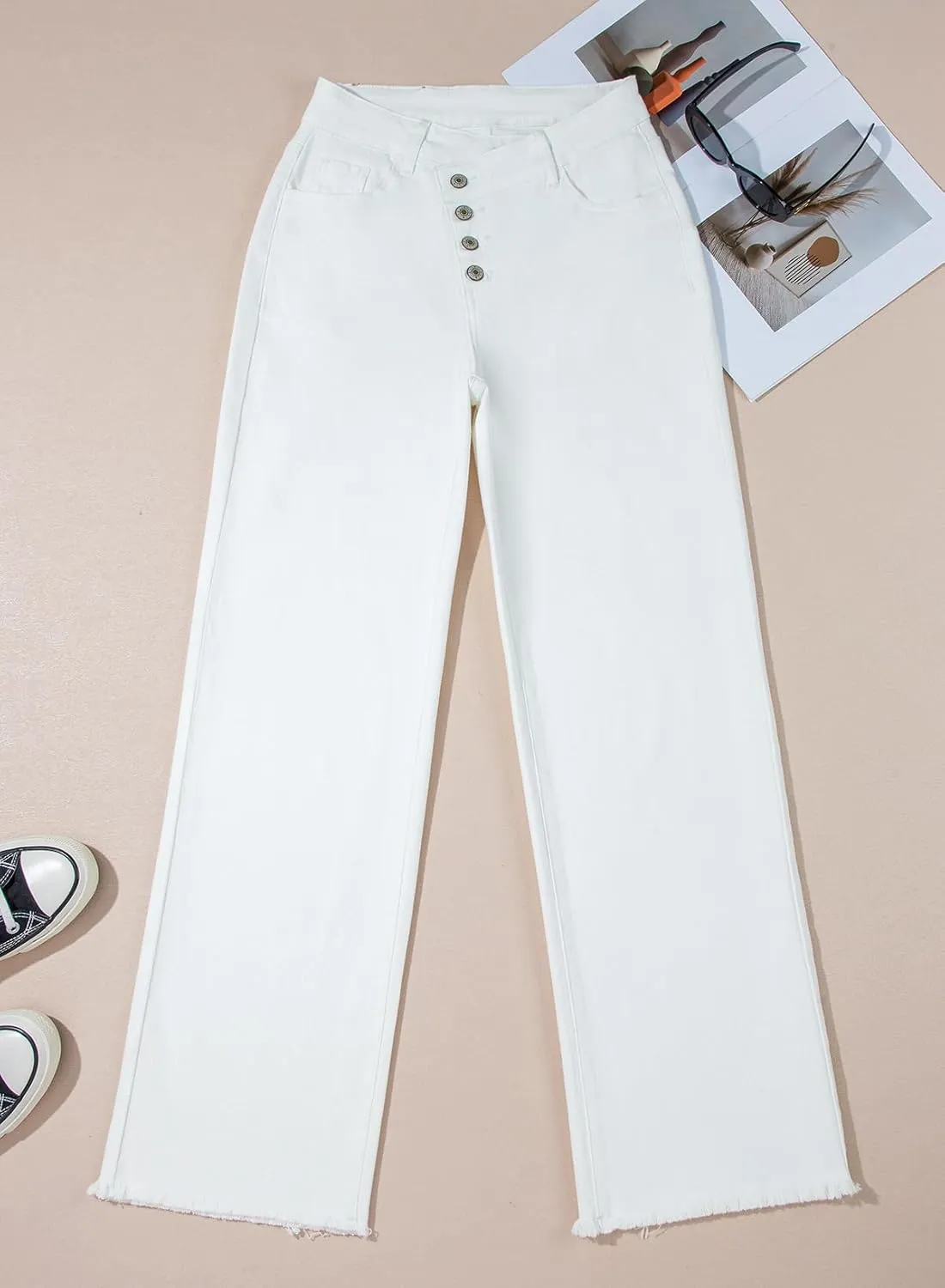 Sidefeel Women's Wide Leg Jeans High Waisted Stretchy Baggy Raw Hem Crossover Button Denim Pants