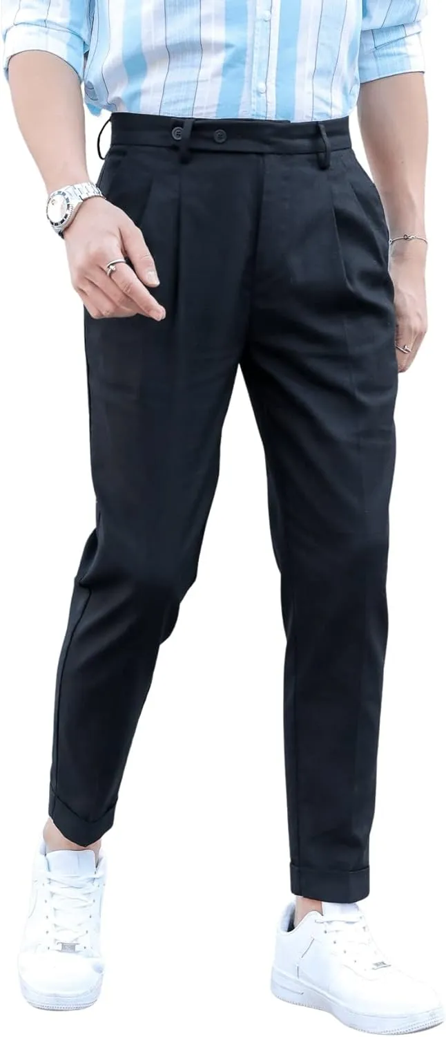 SweatyRocks Men's High Waist Fold Pleated Crop Suit Pants Work Office Business Long Trousers with Pockets