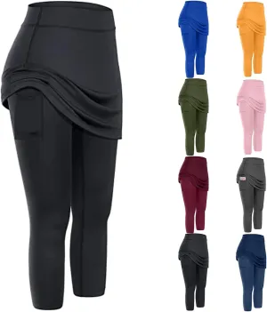 Tennis Skirt With Leggings For Women with Pockets Active Sport Running Skort Pants Slim Fit Workout Capri Trousers