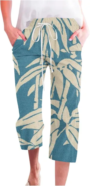 Womens Boho Floral Print Pants Casual Loose Fit Drawstring High Waist Capris Straight Leg Beach Cropped Trousers
