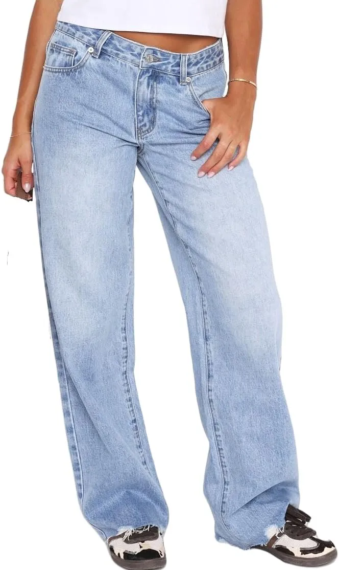 Women's Wide Straight Leg Jeans Mid Low Waist Baggy Frayed Raw Hem Loose Boyfriends Denim Pants Casual Trousers