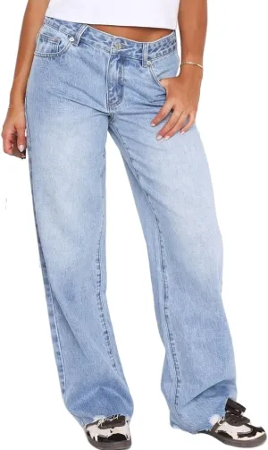 Women's Wide Straight Leg Jeans Mid Low Waist Baggy Frayed Raw Hem Loose Boyfriends Denim Pants Casual Trousers