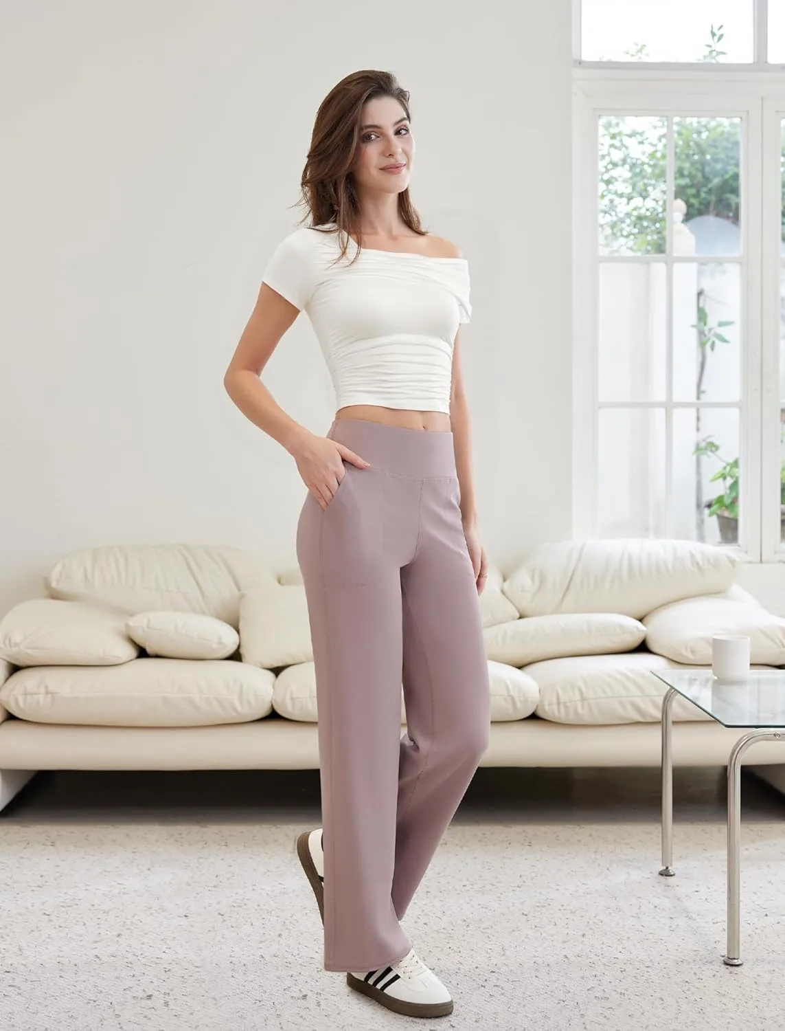 Womens Yoga Pants Wide Leg Work Dress Pants with Pockets Casual Lounge Trousers Elastic Waist Sweatpants