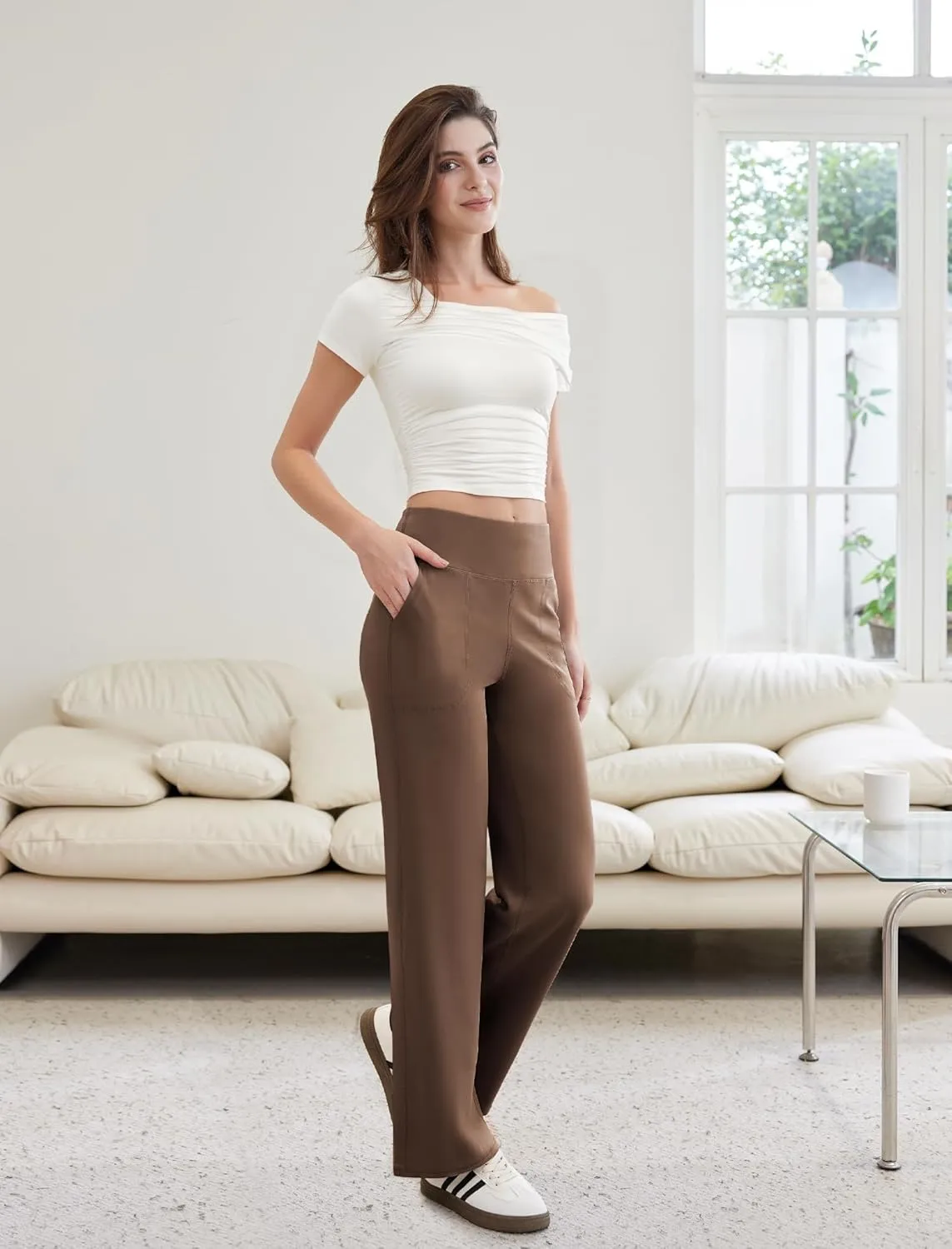 Womens Yoga Pants Wide Leg Work Dress Pants with Pockets Casual Lounge Trousers Elastic Waist Sweatpants