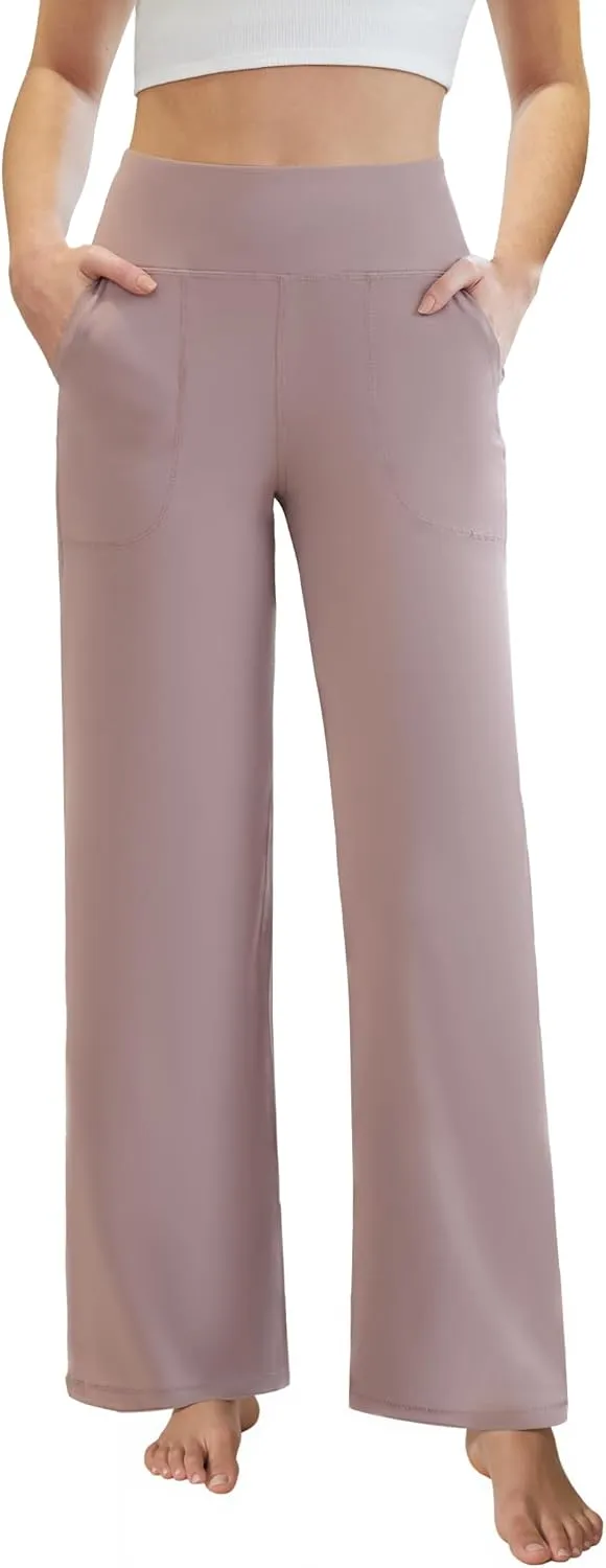 Womens Yoga Pants Wide Leg Work Dress Pants with Pockets Casual Lounge Trousers Elastic Waist Sweatpants